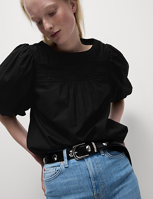 Pure Cotton Smocked Detail Puff Sleeve Top