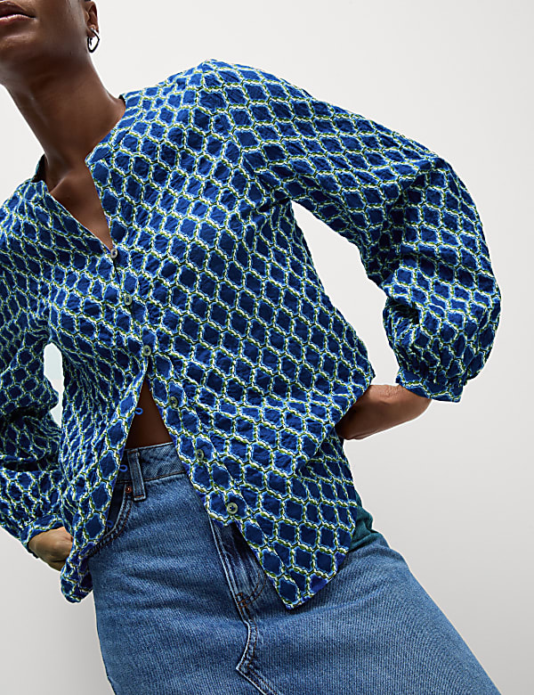 Cotton Rich Printed Button Through Blouse