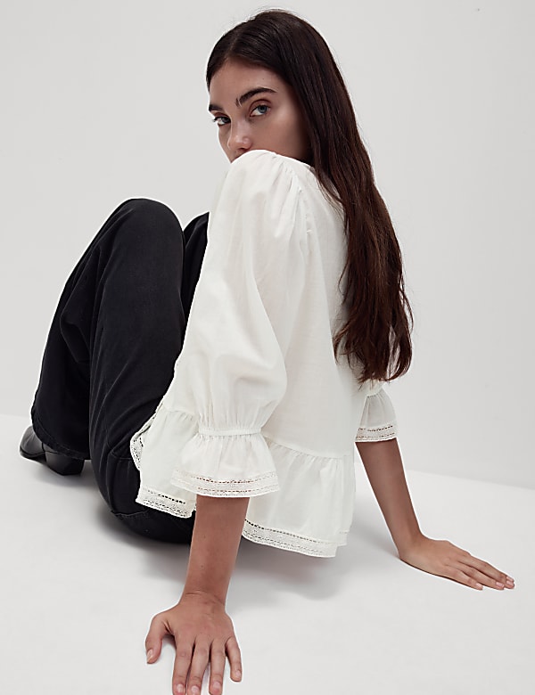 Pure Cotton Lace Frill Detail Blouse