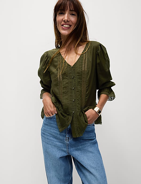 Pure Cotton Lace Frill Detail Blouse