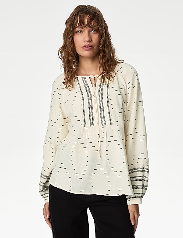 Cotton Rich Embroidered Tie Neck Blouse
