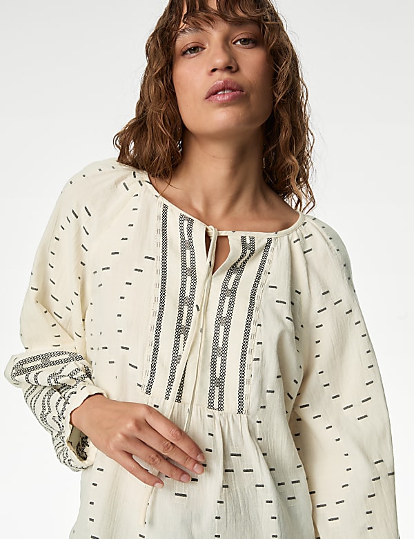 Cotton Rich Embroidered Tie Neck Blouse