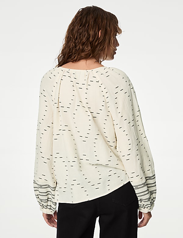 Cotton Rich Embroidered Tie Neck Blouse