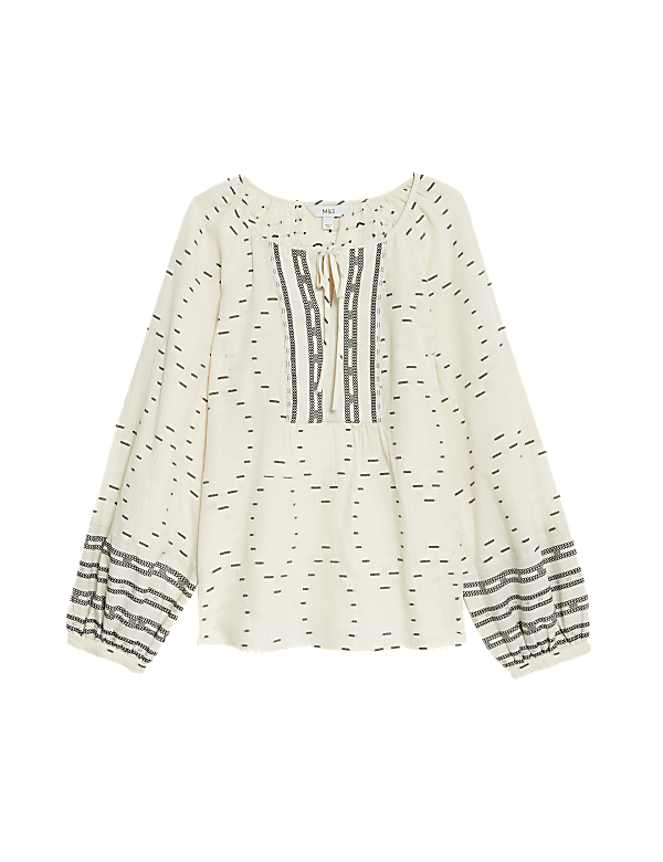 Cotton Rich Embroidered Tie Neck Blouse