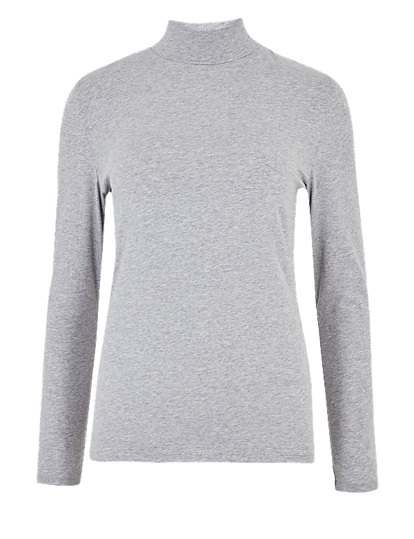 Cotton Funnel Neck Fitted Long Sleeve Top