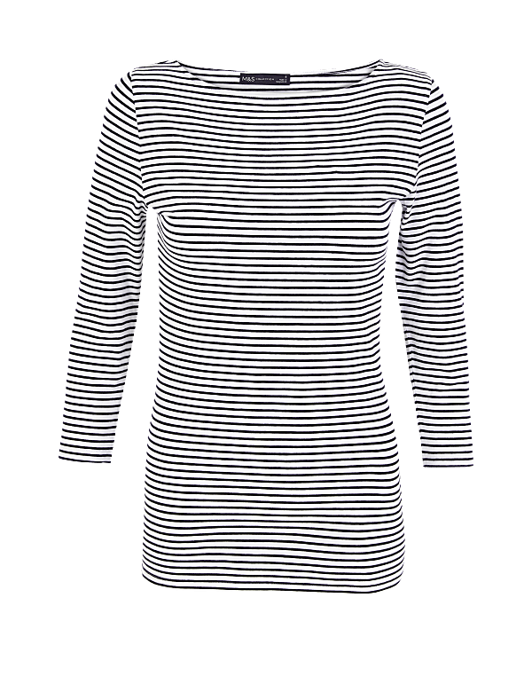 Cotton Rich Striped Slim Fit 3/4 Sleeve Top