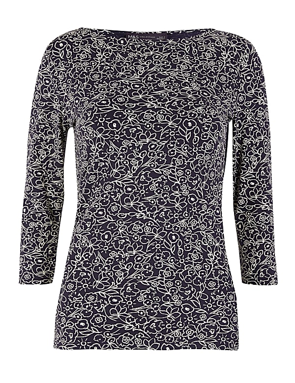 Cotton Floral Fitted 3/4 Sleeve Top