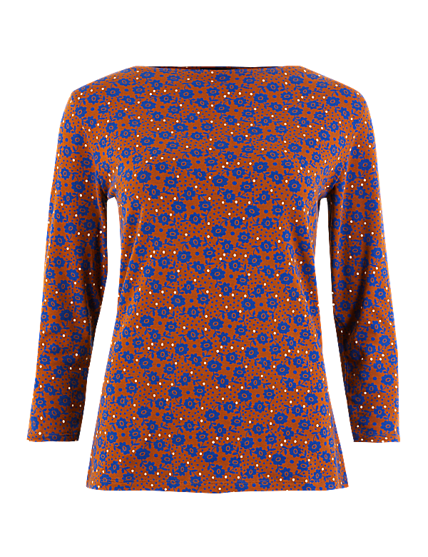 Floral Print 3/4 Sleeve Fitted T-Shirt