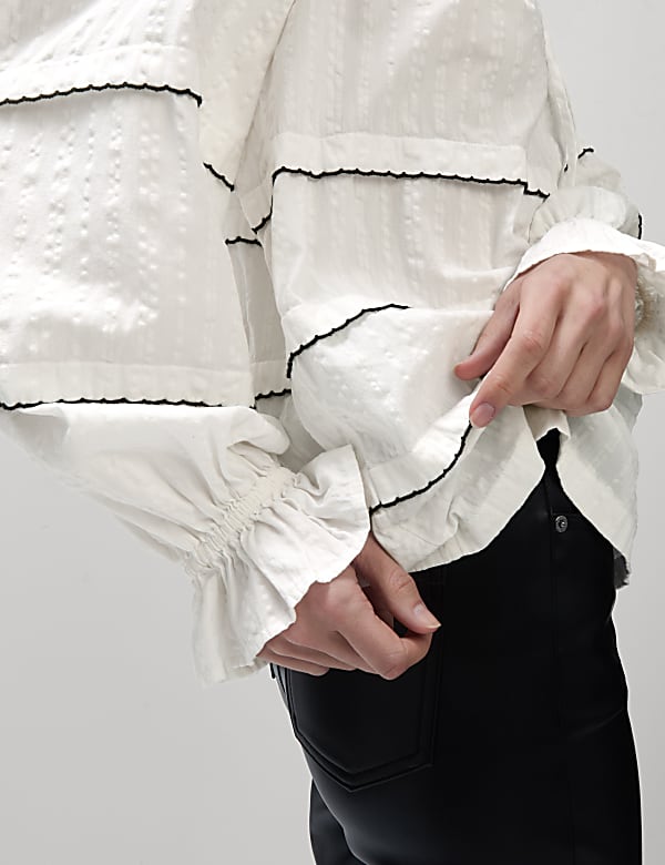 Cotton Rich Embroidered Frill Detail Blouse