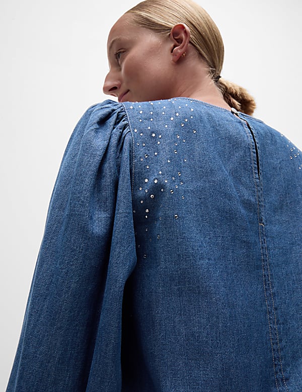 Denim μπλούζα από 100% βαμβάκι με διακοσμητικές λεπτομέρειες - GR