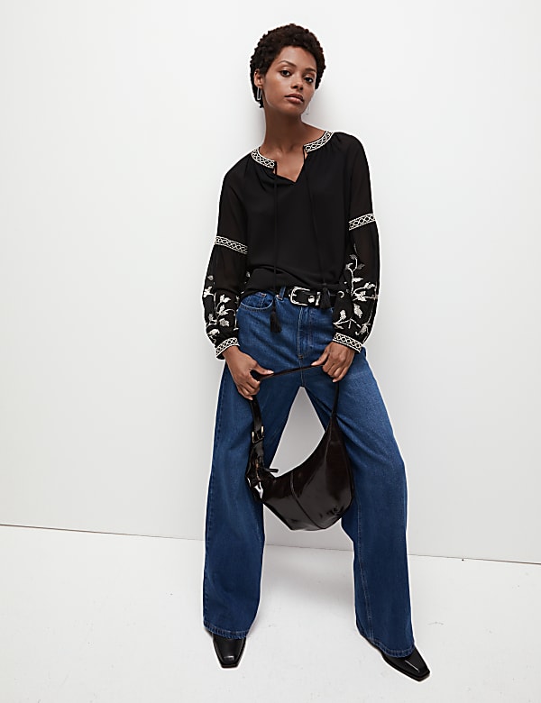 Embroidered V-Neck Blouson Sleeve Blouse