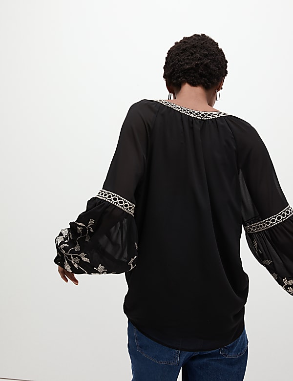 Embroidered V-Neck Blouson Sleeve Blouse