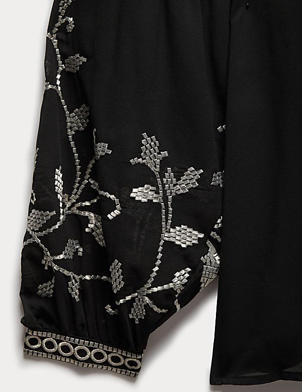Embroidered V-Neck Blouson Sleeve Blouse