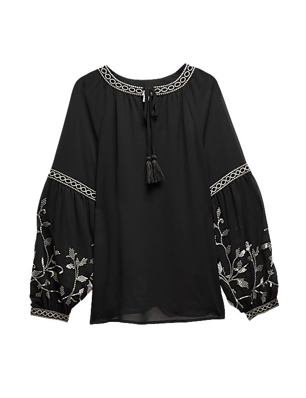 Embroidered V-Neck Blouson Sleeve Blouse