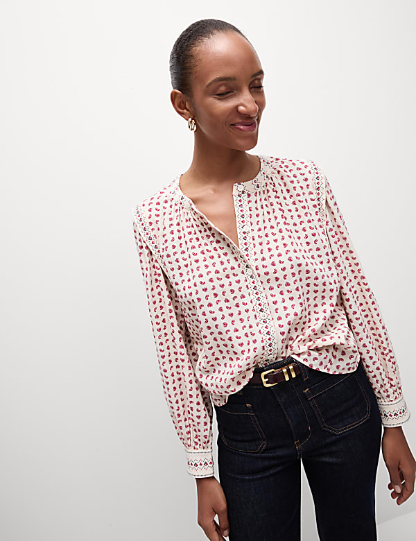 Cotton Blend Printed Crew Neck Blouse