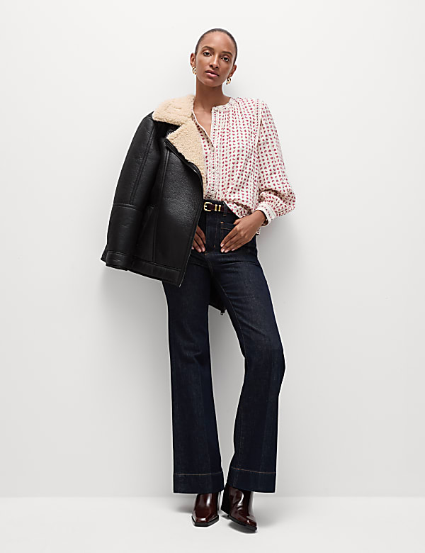 Cotton Blend Printed Crew Neck Blouse