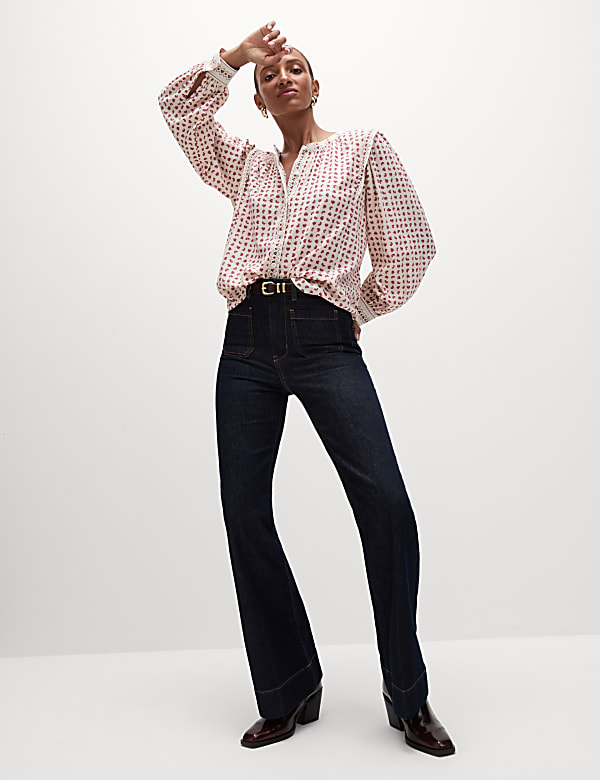 Cotton Blend Printed Crew Neck Blouse