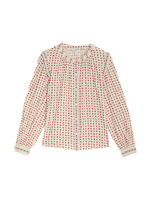 Cotton Blend Printed Crew Neck Blouse