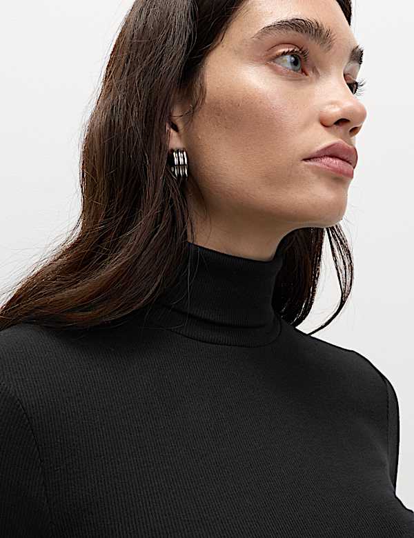 Cotton Rich Ribbed Funnel Neck Top - PL