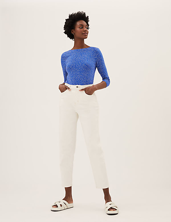 Cotton Rich Polka Dot Fitted 3/4 Sleeve Top