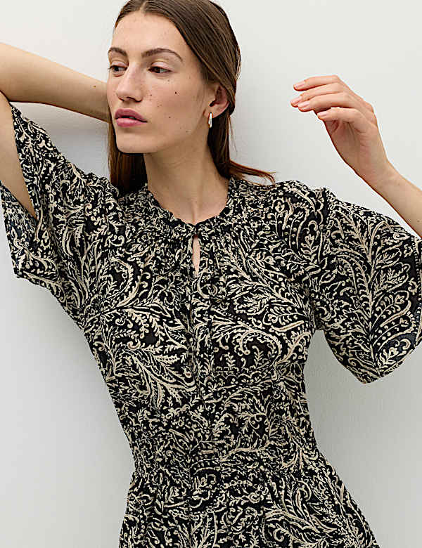 Pure Cotton Printed Midi Waisted Dress - BG