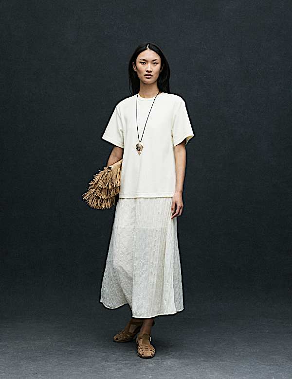 M&S Cotton Rich Sheer Panel T-Shirt Dress - Ivory - 10-REG