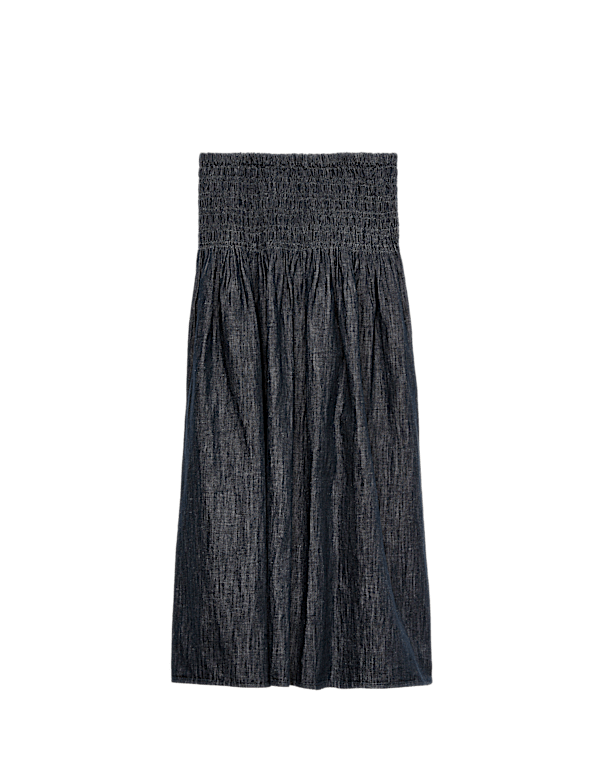 Linen Blend Denim Shirred Midaxi Drop Waist Skirt