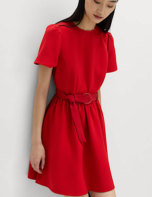 Marks & Spencer Puff Sleeve Belted Mini Skater Dress - Red - US 2 -Regular
