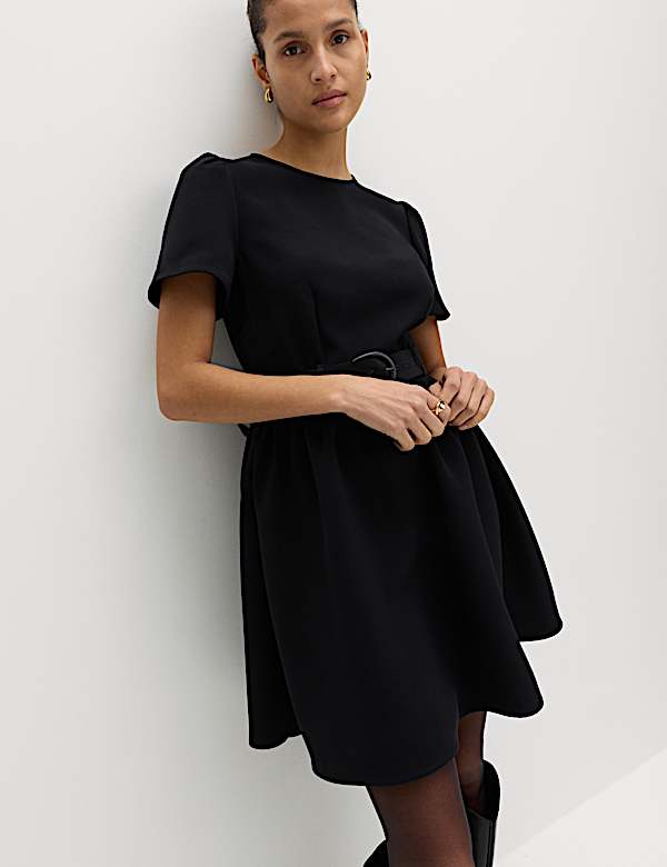 Puff Sleeve Belted Mini Skater Dress - US