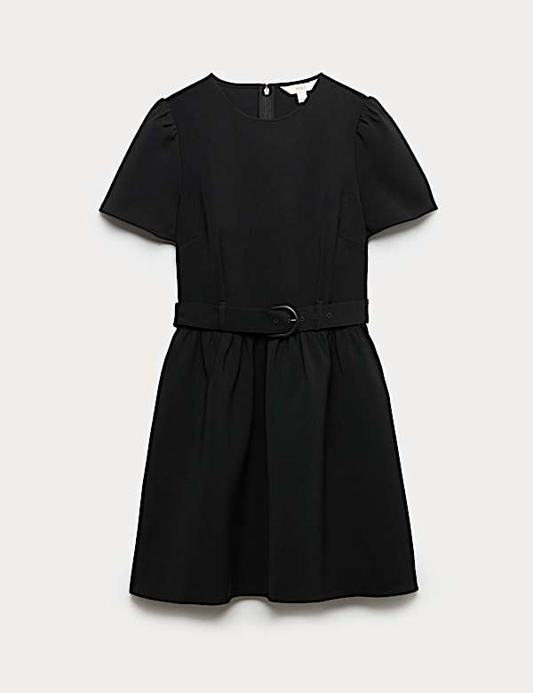 Puff Sleeve Belted Mini Skater Dress - US