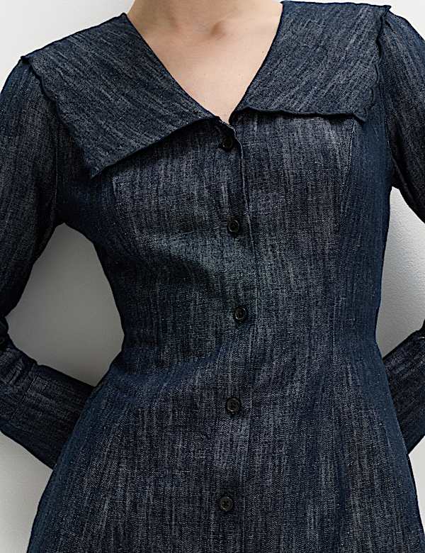Denim Sailor Collar Mini Dress with Linen - CA