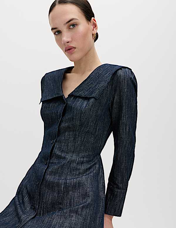 Denim Sailor Collar Mini Dress with Linen - CA