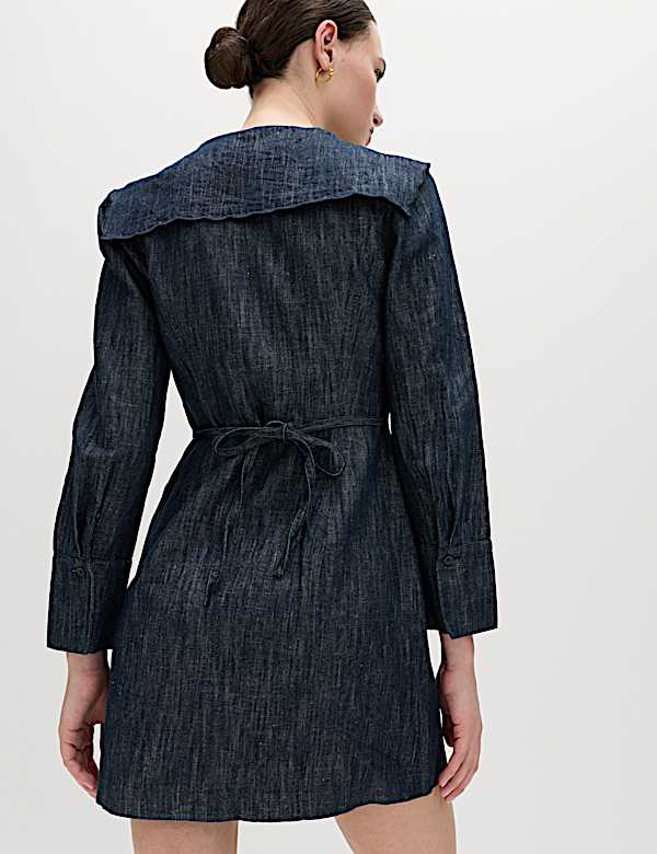 Denim Sailor Collar Mini Dress with Linen - CA