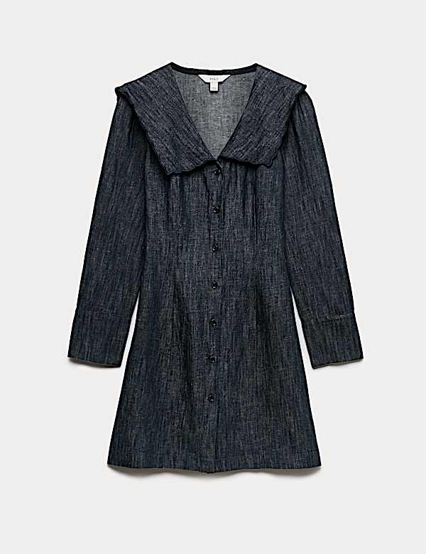 Denim Sailor Collar Mini Dress with Linen - CA