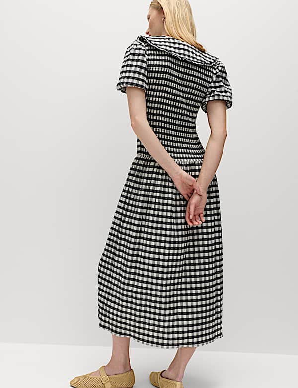Cotton Blend Gingham Dropped Waist Midi Dress - PT