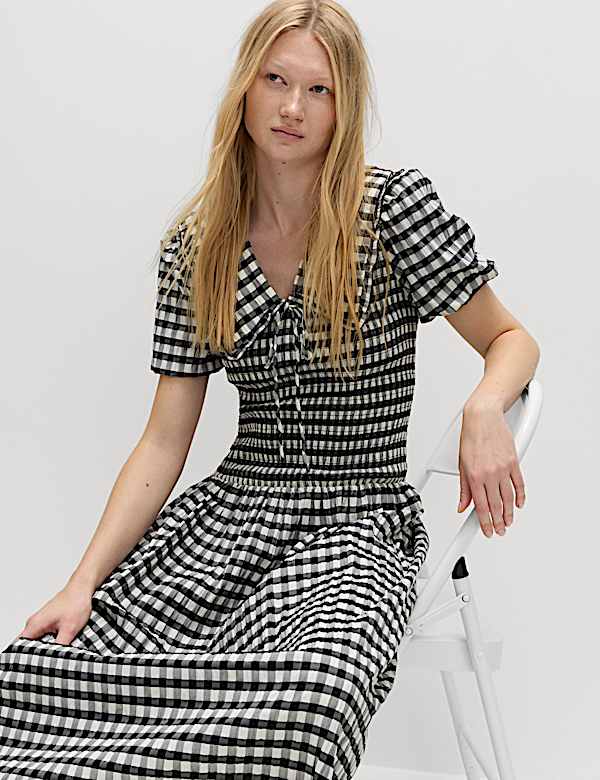 Cotton Blend Gingham Dropped Waist Midi Dress - PT