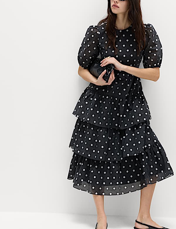 Lyocell Rich Polka Dot Midi Tiered Dress - JO