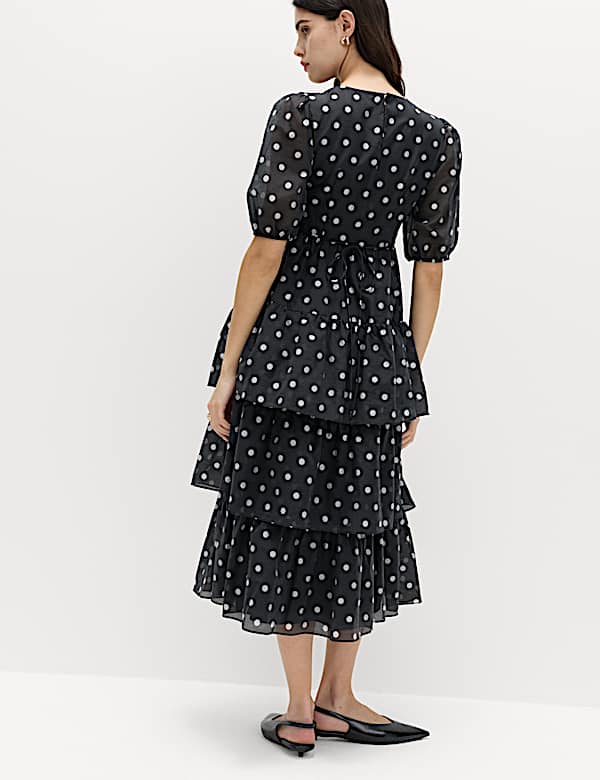 Lyocell Rich Polka Dot Midi Tiered Dress - JO