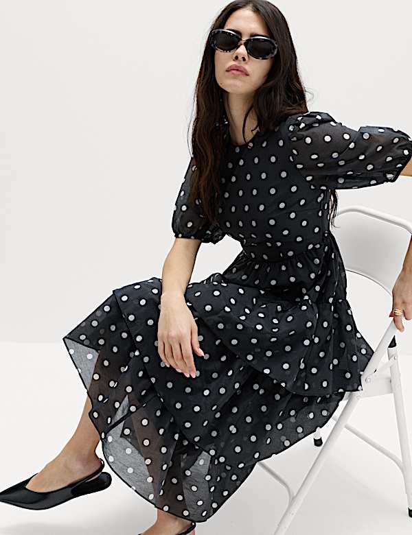 Lyocell Rich Polka Dot Midi Tiered Dress - JO