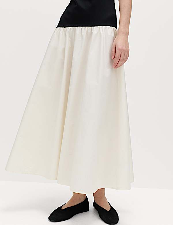 Cotton Blend Contrast Midi Drop Waist Dress - ES