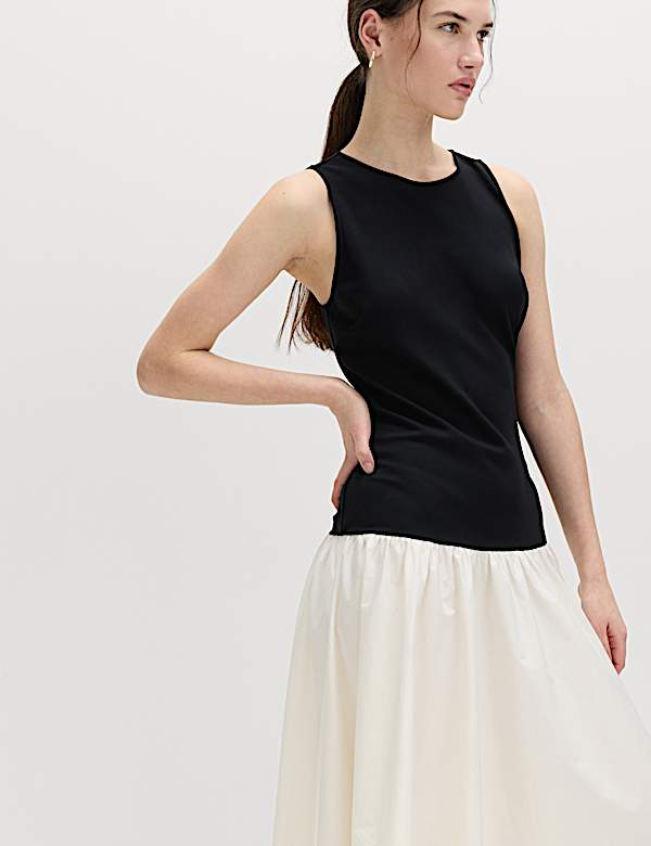 Cotton Blend Contrast Midi Drop Waist Dress - ES