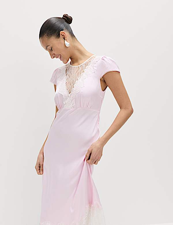 Satin Lace Insert Midi Tea Dress - AU