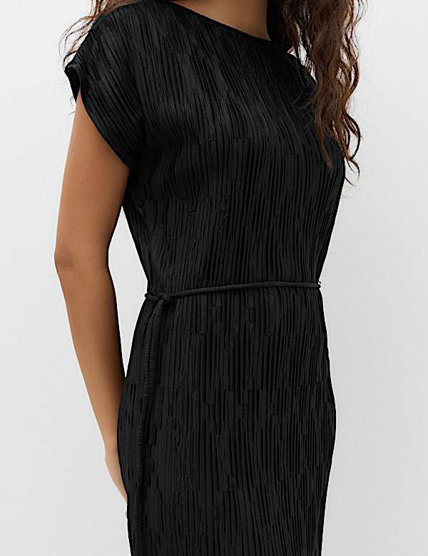 Plisse Tie Waist Midi Column Dress - NZ