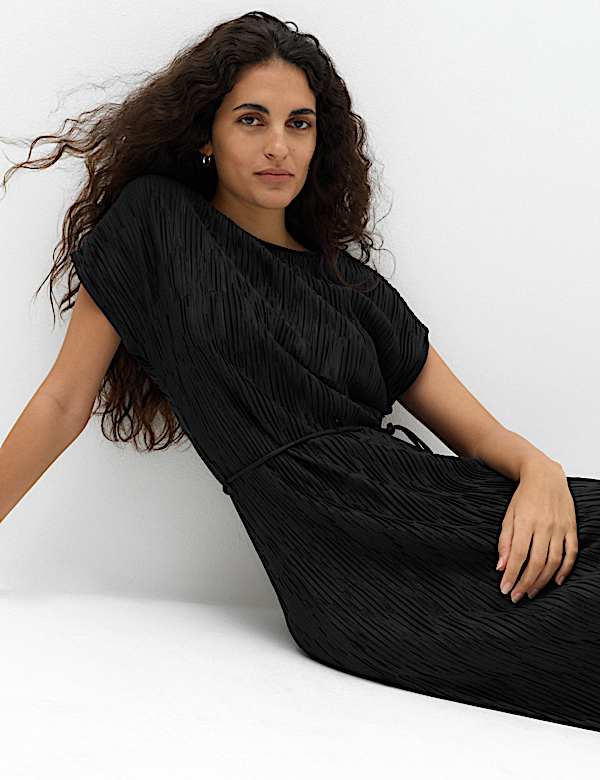 Plisse Tie Waist Midi Column Dress - NZ