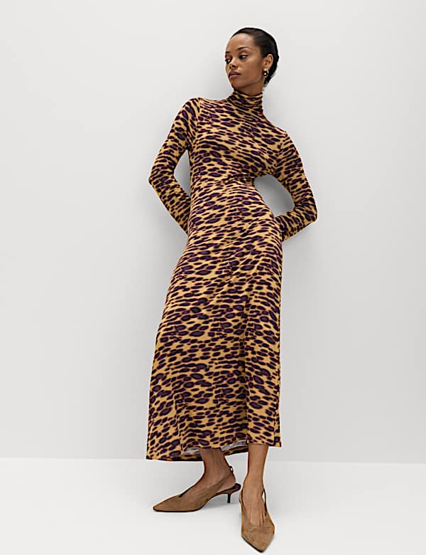 Jersey Animal Print High Neck Midaxi Dress - FR