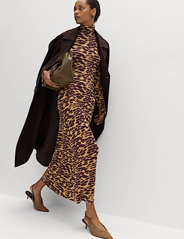 Jersey Animal Print High Neck Midaxi Dress - FR