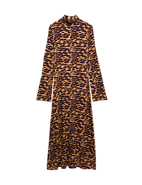 Jersey Animal Print High Neck Midaxi Dress