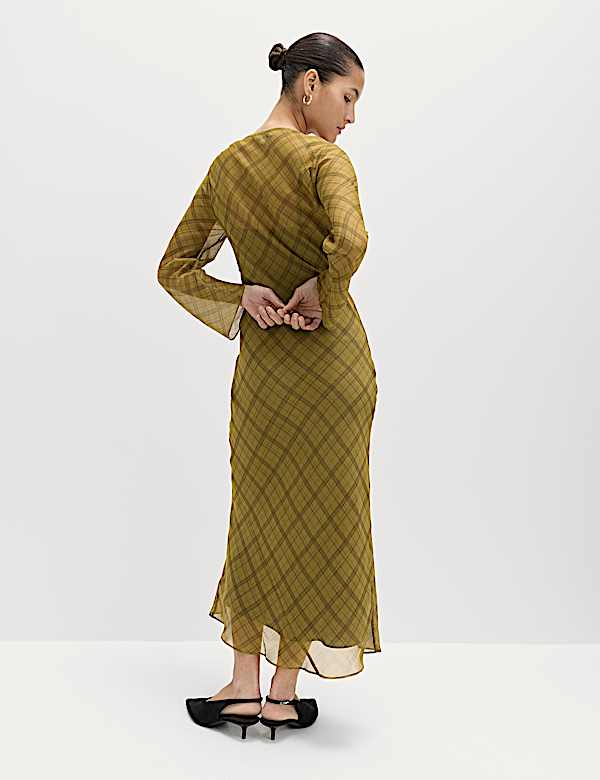 Checked Scoop Neck Long Sleeve Midaxi Column Dress - PT