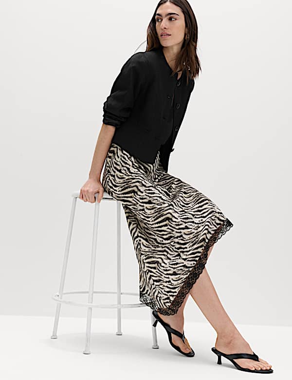 Zebra Print Lace Hem Asymmetric Midi Skirt - NL