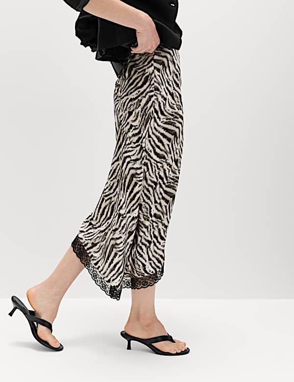 Zebra Print Lace Hem Asymmetric Midi Skirt - NL